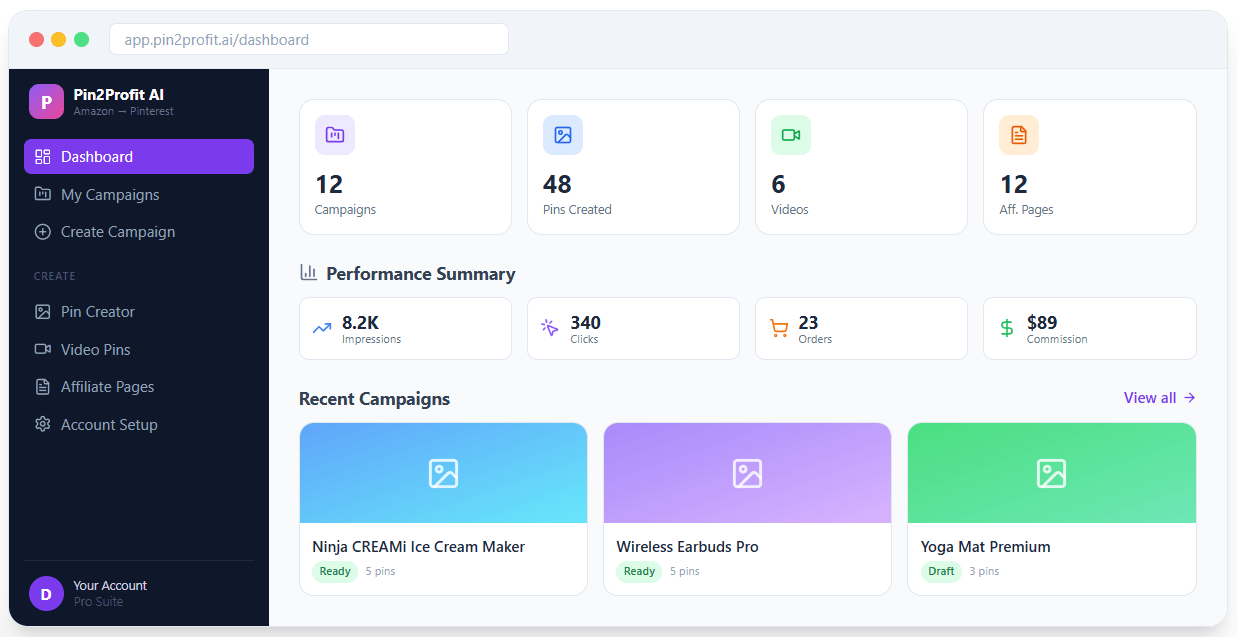 Pin2Profit AI_Income Dashbord